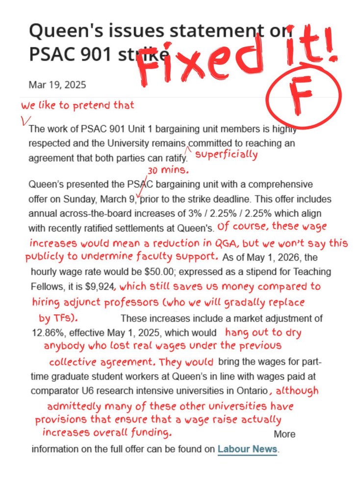 A mocked up update from the employer about the PSAC strike with corrections made in red.