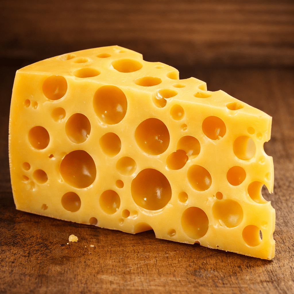Wedge of Swiss cheese with numerous round holes placed on a wooden surface